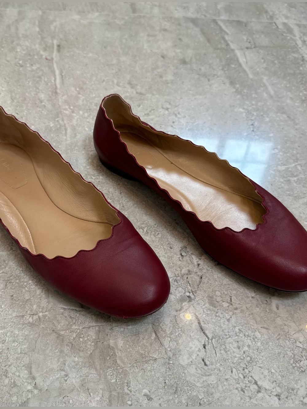 Chloe Burgundy Scalloped Leather Ballet Flats